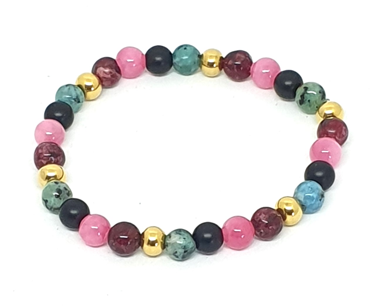 Armband calciet hot pink, graniet, kwarts, rvs goud en zwarte kraal